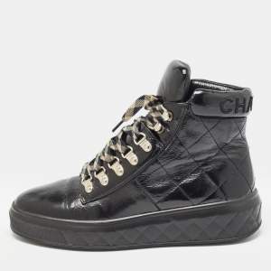 Pre Owned Chanel Black Quilted Patent Leather High Top Sneakers Size 38