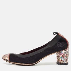 Pre Owned Chanel Black/Multicolor Suede and Coarse Glitter CC Scrunch Pumps Size 36.5
