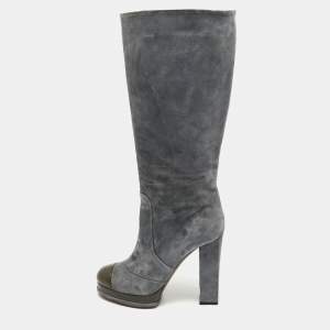 Chanel Grey Suede CC Cap Toe Block Heel Knee Length Boots Size 40.5