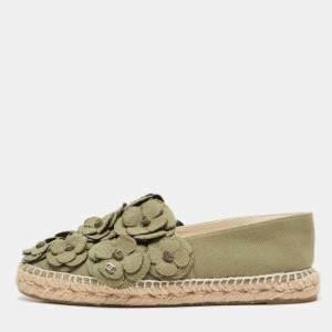 Chanel Army Green Canvas Camelia Espadrille Flats Size 40