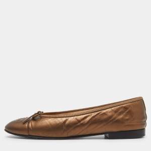 Pre Owned Chanel Brown Leather Bow CC Cap Toe Ballet Flats Size 39