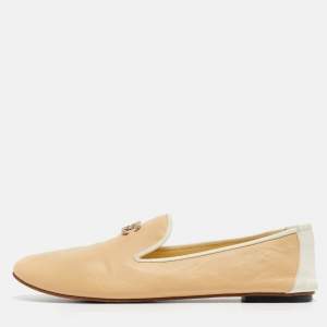 Chanel Beige/White Leather CC Smoking Slippers Size 39.5