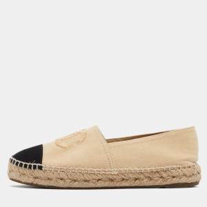 Pre Owned Chanel Beige/Black Canvas CC Espadrille Flats Size 37