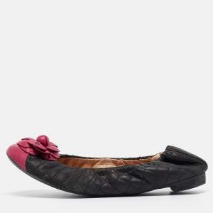 Pre Owned Chanel Black/Pink Quilted Leather Camelia Scrunch Ballet Flats Size 39 