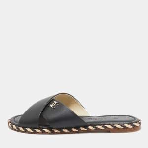 Pre Owned Chanel Black Leather Braided Trim CC Flat Slides Size 38