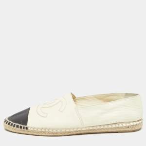 Pre Owned Chanel Cream/Black Leather CC  Cap Toe Espadrille Flats Size 40