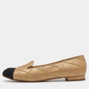Chanel Beige/Black Quilted Leather Slip On Smoking Slippers Size 38.5