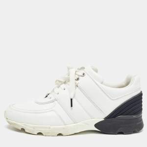 Chanel White/Black Leather And Satin CC Low Top Sneakers Size 39.5