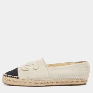 Pre Owned Chanel Grey/Black Canvas CC Cap Toe Espadrille Flats Size 40