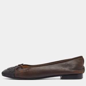 Pre Owned Chanel Dark Brown/Black Leather CC Bow Ballet Flats Size 37.5