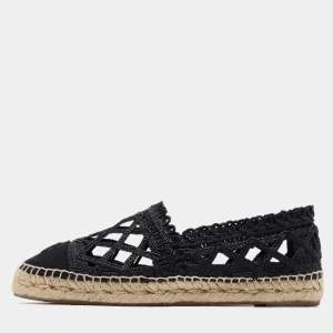 Chanel Black Laser Cut Raffia and Canvas CC Espadrille Flats Size 40