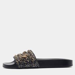 Pre Owned Chanel Navy Blue Tweed Tropiconic Chain Flat Slides Size 38