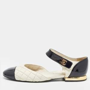 Pre Owned Chanel White/Black Quilted Leather and Patent CC Ankle Strap Flats Size 36.5