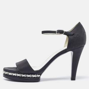 Chanel Black Leather Chain Embellished Strap Sandals Size 39.5