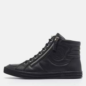 Chanel Black Leather CC Double Zip Accent High Top Sneakers Size 36.5