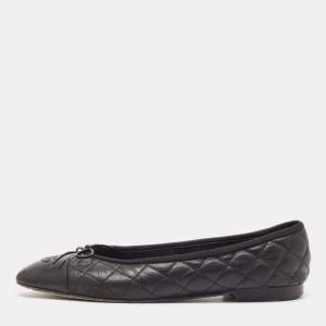Pre Owned Chanel Black Quilted Leather CC Bow Ballet Flats Size 41