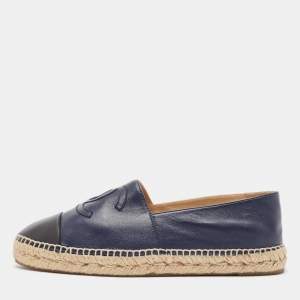 Pre Owned Chanel Navy Blue/Black Leather CC Espadrille Flats Size 42