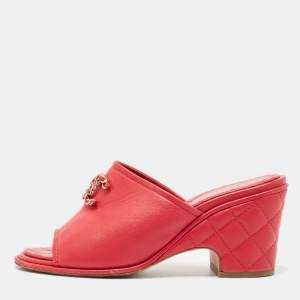 Chanel Red Leather CC Chain Details Quilted Block Heel Sandals Size 37