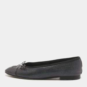 Pre Owned Chanel Two Leather Cap Toe CC Ballet Flats Size Size 41