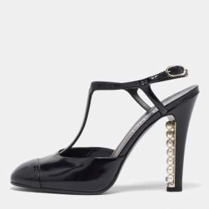 Chanel Black Patent Leather Pearl Embellished Heel T-Strap Sandals Size 39.5