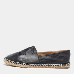 Chanel Black Leather CC  Cap Toe Espadrille Flats Size 39