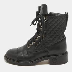 Chanel Black Leather Interlocking CC Logo Combat Boots Size 37