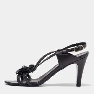 Chanel Black Leather CC Camelia Slingback Sandals Size 35.5