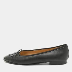 Chanel Black Leather and Patent CC Cap Toe Bow Ballet Flats Size 39