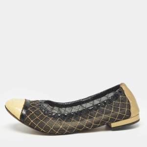Pre Owned Chanel Black/Gold Mesh and Leather CC Cap Toe Scrunch Ballet Flats Size 35.5
