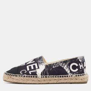 Chanel Black/White Printed Canvas CC Espadrille Flats Size 39