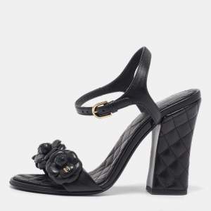 Chanel Black Leather Camelia Ankle Strap Block Heel Sandals 37.5