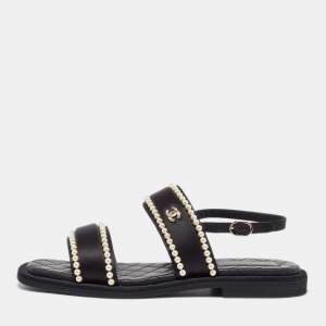 Chanel Black Satin Faux Pearl Embellished Flat Sandals Size 41