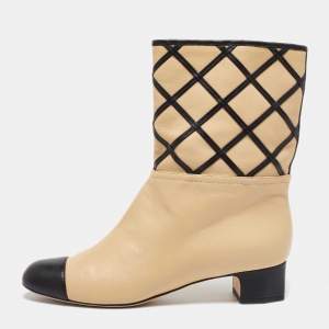 Chanel Beige/Black Quilted Leather Cap Toe Mid Calf Boots Size 38