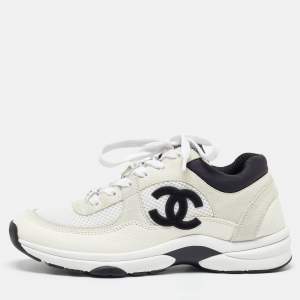 Chanel White Mesh and Suede Low Top Sneakers Size 38.5