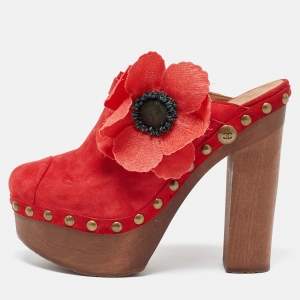 Chanel Red Suede Studded Wood Platform Block Heel Clogs Size 38.5