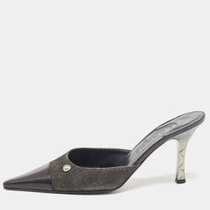 Chanel Black Leather and Canvas Pointed Toe Mules Size 39.5