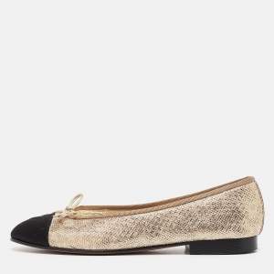 Pre Owned Chanel Gold/Black Leather and Satin CC Ballet Flats Size 37.5