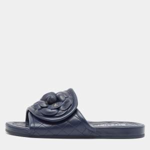 Chanel Navy Blue Leather Flower Flat Slides Size 37