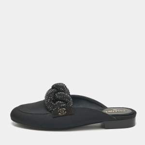 Chanel Black Fabric Crystal Embellished Braid Detail CC Mules Size 36.5