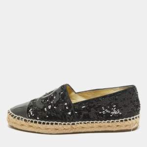 Pre Owned Chanel Black Patent Leather and Sequins CC Espadrille Flats Size 38