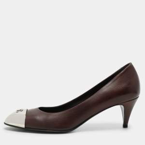 Chanel Brown Leather CC Metal Cap Toe Pumps Size 38