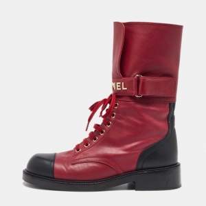 Chanel Red/Black Leather Combat Boots Size 40