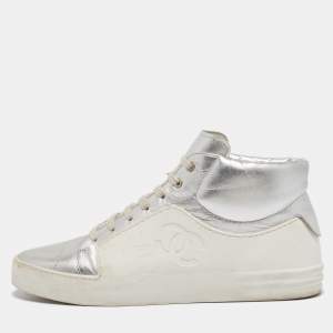 Chanel White/Silver Leather and Rubber High Top Sneakers Size 39