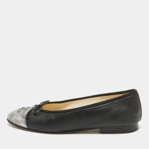Chanel Black/Silver Leather CC Bow Cap Toe Ballet Flats Size 36.5