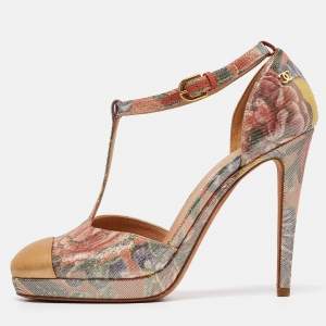 Chanel Multicolor Floral Lurex Fabric and Leather Platform Pumps Size 38.5