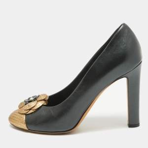 Pre Owned Chanel Grey/Gold Leather Flower Embellished Pumps Size 40.5