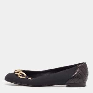 Pre Owned Chanel Black Fabric and Quilted Leather CC Chain Detail Ballet Flats Size 36