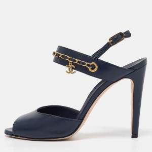 Chanel Navy Blue Leather Chain CC Detail Slingback Sandals Size 39.5