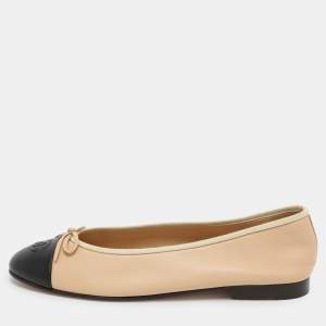 Chanel Beige/Black Leather CC Cap Toe Ballet Flats Size 41.5