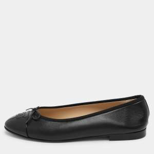 Chanel Black Patent and Leather CC Cap Toe Bow Ballet Flats Size 42